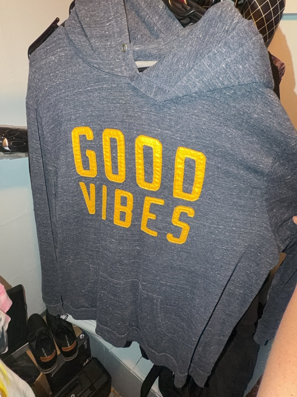 Good Vibes' Hooded Sweatshirt - Navy with Yellow Lettering